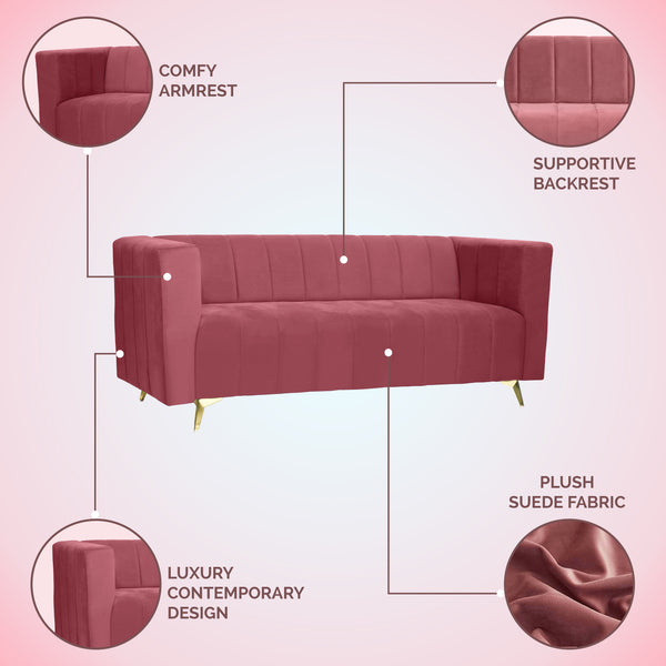 Tokyo Icon 3 Seater Sofa- ( Plush Suede Fabric- Peach )