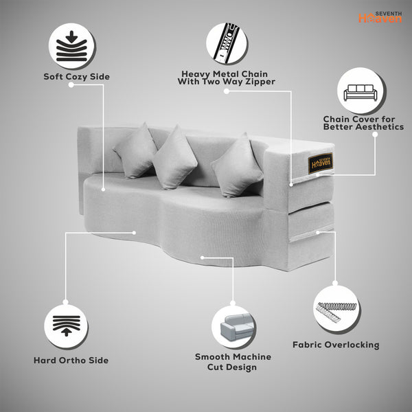 Curved Flipper X Sofa Cum Bed - 3 Seater, Plain Cushion ( Jute Fabric, Light Grey)