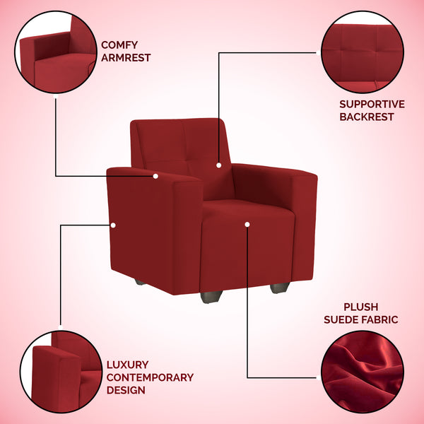 London 1 Seater Sofa- ( Plush Suede Fabric- Maroon )