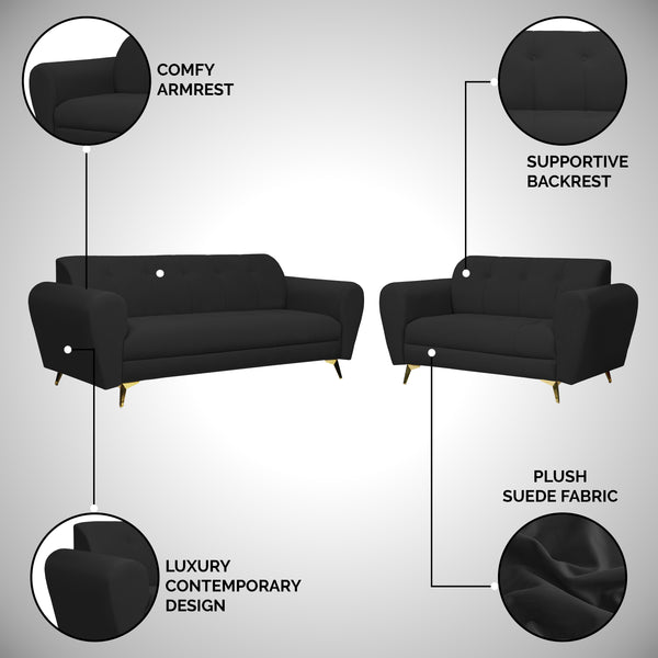 Milan Icon (3+2) Seater Sofa- ( Plush Suede Fabric - Black )