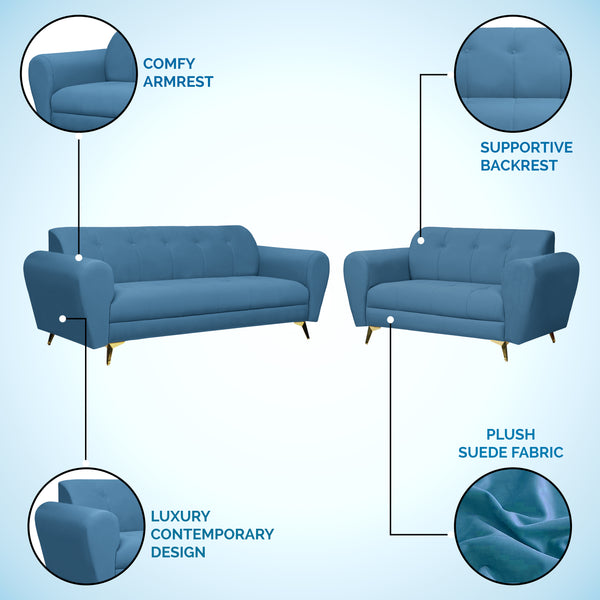 Milan Icon (3+2) Seater Sofa- ( Plush Suede Fabric - Sky Blue )