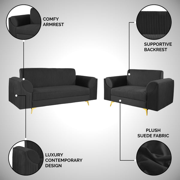 Venice (3+2) Seater Sofa- ( Plush Suede Fabric - Black )