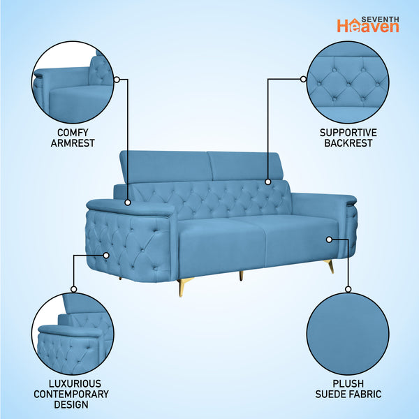Rome 3 Seater Sofa- ( Plush Suede Fabric-Sky Blue )