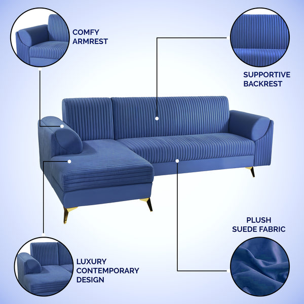 Venice 6 Seater Sofa Left Corner - ( Plush Suede Fabric - Blue )