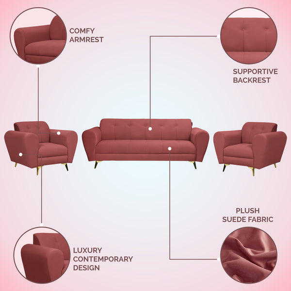 Milan Icon (3+1+1) Seater Sofa- ( Plush Suede Fabric - Peach )
