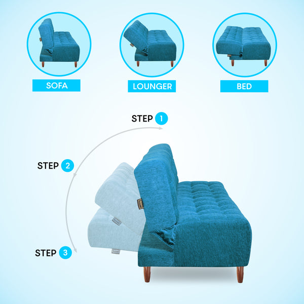 Florida 4 Seater Wooden Sofa Cum Bed - ( Premium Molfino Fabric- Sky Blue)