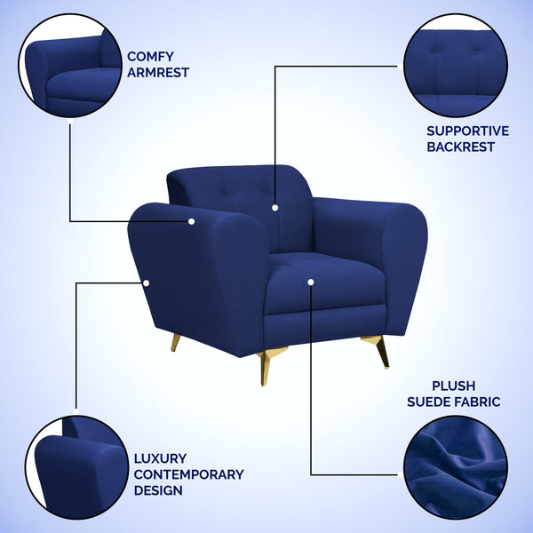 Milan Icon 1 Seater Sofa- ( Plush Suede Fabric- Blue )