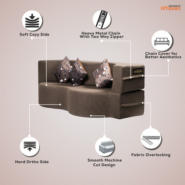 Curved Flipper X Sofa Cum Bed - 3 Seater, Printed Cushion ( Jute Fabric,Brown )