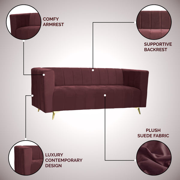 Tokyo Icon 3 Seater Sofa- ( Plush Suede Fabric- Brown )