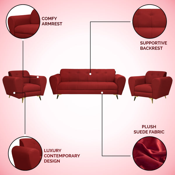 Milan Icon (3+1+1) Seater Sofa- ( Plush Suede Fabric - Maroon )
