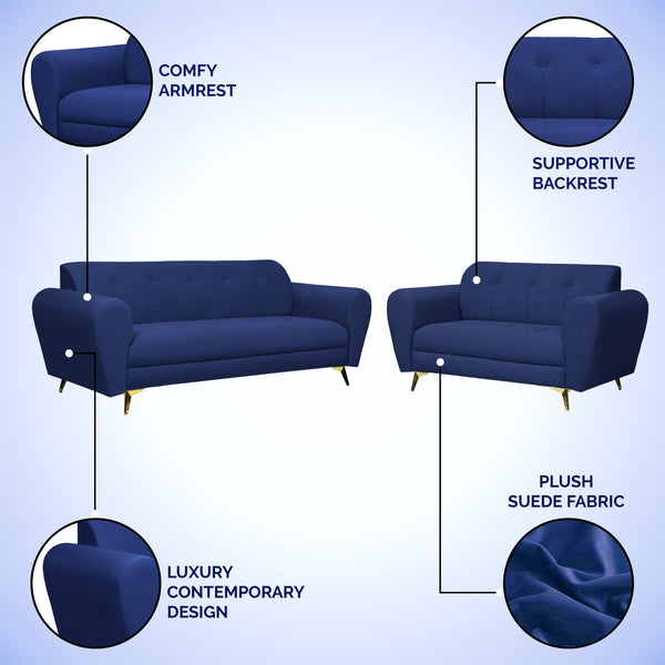 Milan Icon (3+2) Seater Sofa- ( Plush Suede Fabric - Blue )
