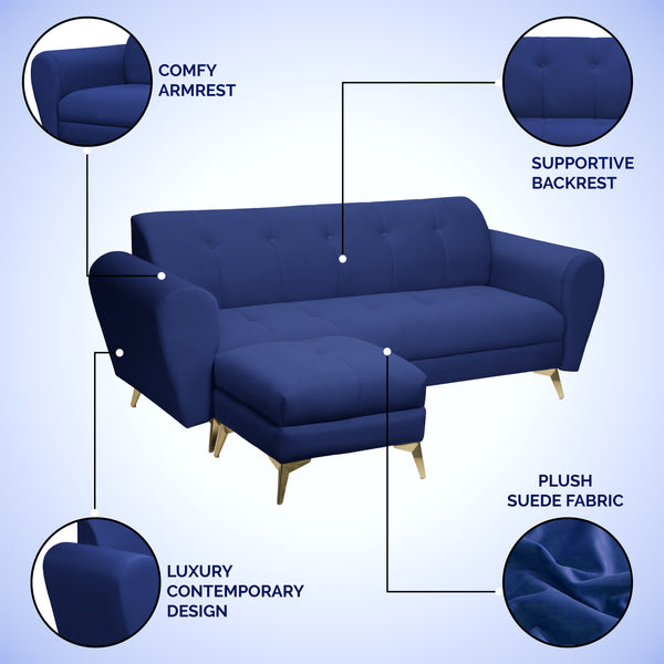 Milan Icon Ottoman 4 Seater Sofa - ( Plush Suede Fabric - Blue )
