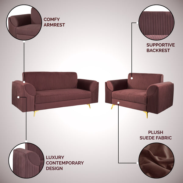 Venice (3+2) Seater Sofa- ( Plush Suede Fabric - Brown )