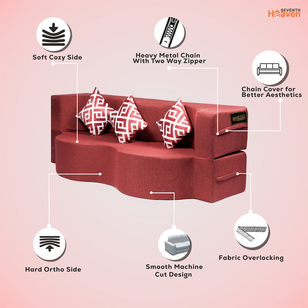 Curved Flipper X Sofa Cum Bed - 3 Seater, Printed Cushion ( Jute Fabric,Maroon )