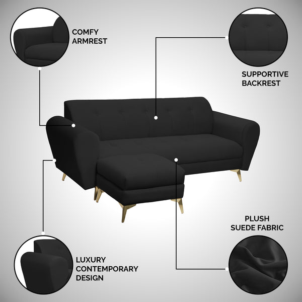 Milan Icon Ottoman 4 Seater Sofa - ( Plush Suede Fabric - Black )