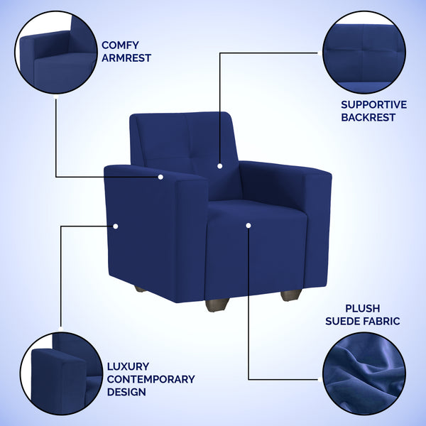 London 1 Seater Sofa- ( Plush Suede Fabric- Blue )