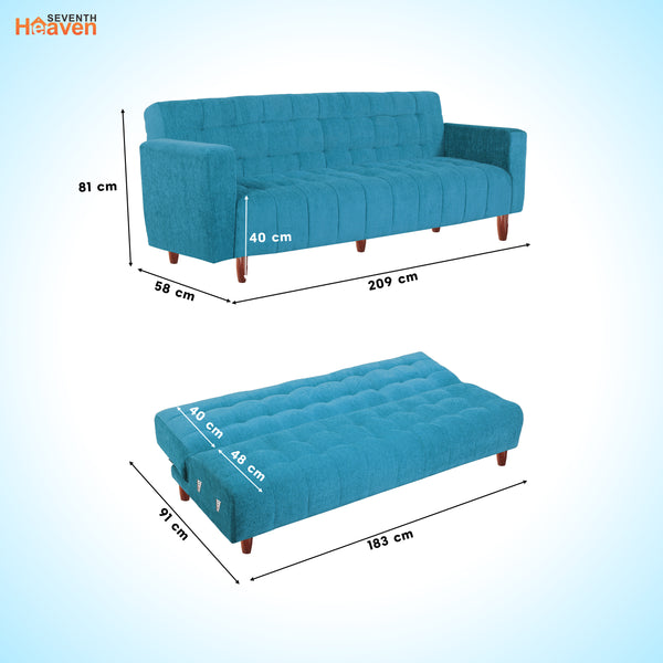 Lisbon Neo 3 Seater Wooden Sofa Cum Bed - ( Premium Molfino Fabric- Sky Blue )