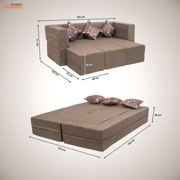 Flipper X Sofa Cum Bed - 3 Seater With 3 Ottoman - Printed Cushions ( Jute Fabric, Brown )