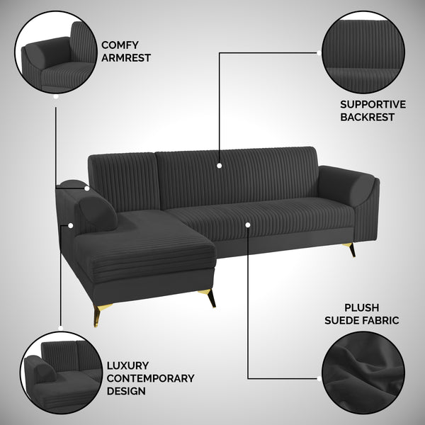 Venice 6 Seater Sofa Left Corner - ( Plush Suede Fabric - Black )