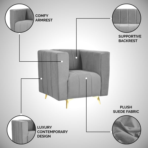 Tokyo Icon 1 Seater Sofa- ( Plush Suede Fabric- Grey )