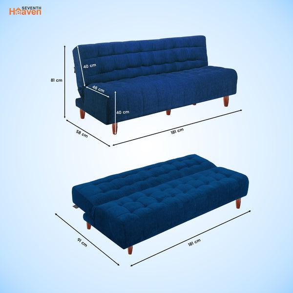 Florida Neo 3 Seater Wooden Sofa Cum Bed - ( Premium Molfino Fabric- Blue )