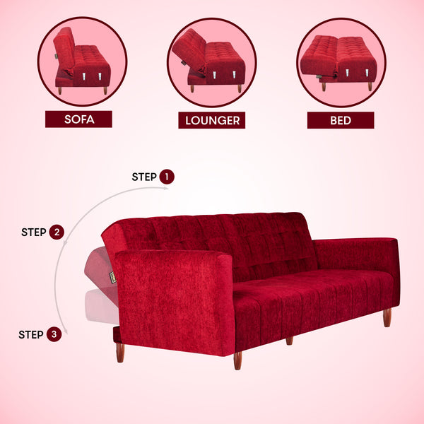 Lisbon  4 Seater Wooden Sofa Cum Bed - ( Premium Molfino Fabric - Maroon)