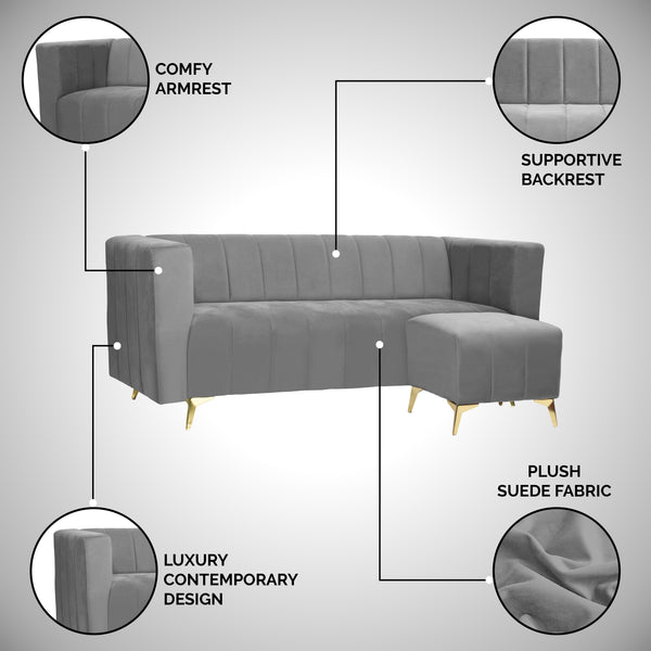 Tokyo Icon Ottoman 4 Seater Sofa - ( Plush Suede Fabric - Grey )