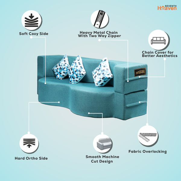 Curved Flipper X Sofa Cum Bed - 3 Seater, Printed Cushion ( Jute Fabric,Sky Blue )