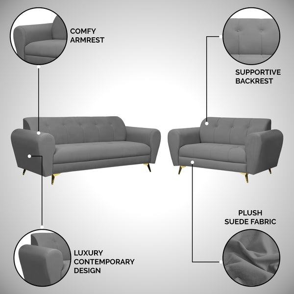 Milan Icon (3+2) Seater Sofa- ( Plush Suede Fabric - Grey )
