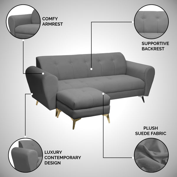 Milan Icon Ottoman 4 Seater Sofa - ( Plush Suede Fabric - Grey )