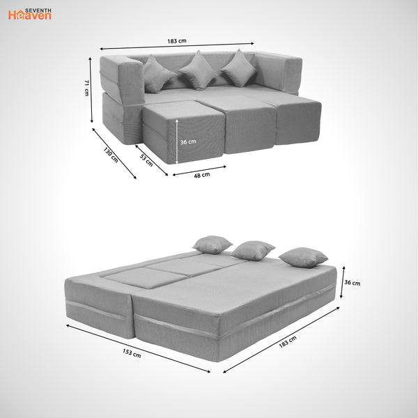 Flipper X Sofa Cum Bed - 3 Seater With 3 Ottoman - Plain Cushion (Jute Fabric, Light Grey )