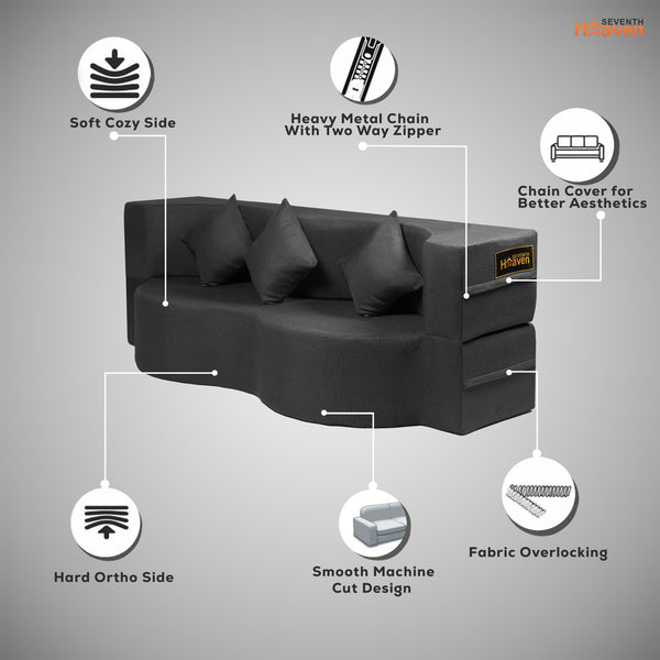 Curved Flipper X Sofa Cum Bed - 3 Seater, Plain Cushion ( Jute Fabric, Dark Grey )