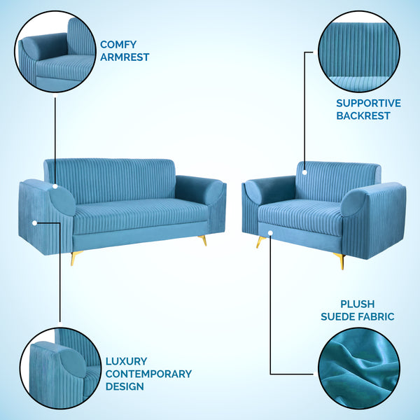 Venice (3+2) Seater Sofa- ( Plush Suede Fabric - Sky Blue )