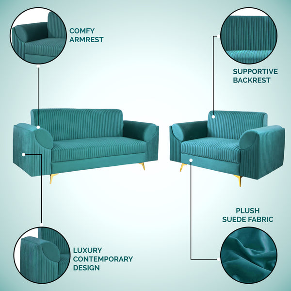 Venice (3+2) Seater Sofa- ( Plush Suede Fabric - Teal )
