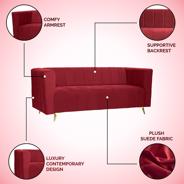 Tokyo Icon 3 Seater Sofa- ( Plush Suede Fabric- Maroon )