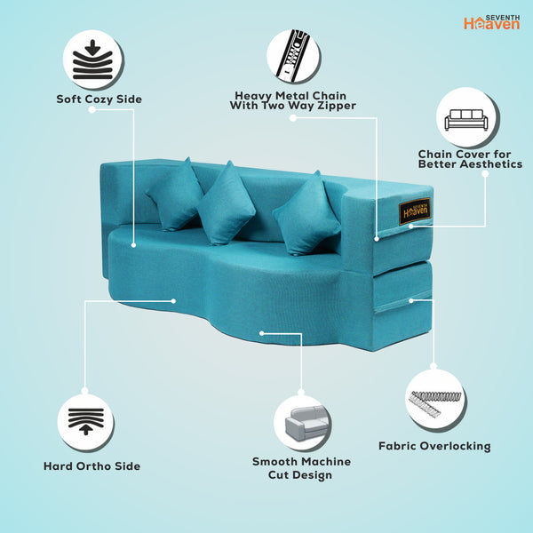 Curved Flipper X Sofa Cum Bed - 3 Seater, Plain Cushion ( Jute Fabric, Sky Blue )
