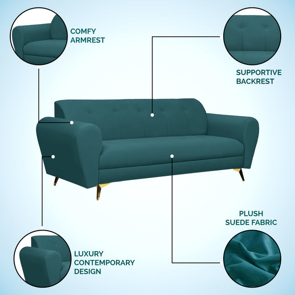 Milan Icon 3 Seater Sofa- ( Plush Suede Fabric- Teal )