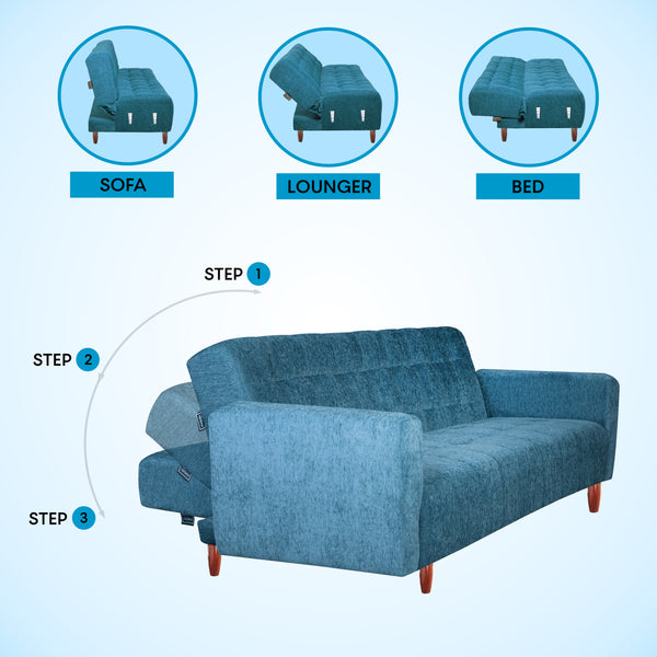 Lisbon  4 Seater Wooden Sofa Cum Bed - ( Premium Molfino Fabric-Sky Blue)