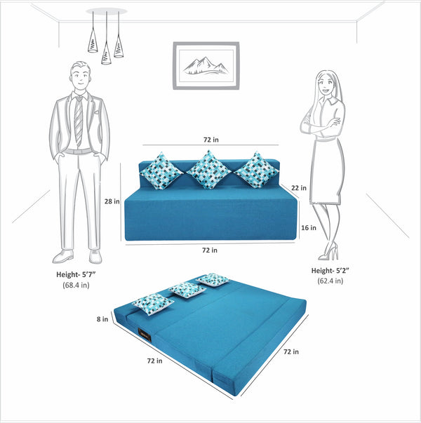 Rejoice Sofa Cum Bed - 4 Seater, Printed Cushion ( Jute Fabric, Sky Blue )