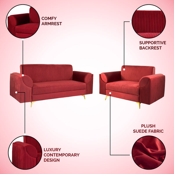 Venice (3+2) Seater Sofa- ( Plush Suede Fabric - Maroon )