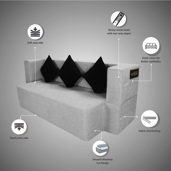 Flipper X Sofa Cum Bed - 3 Seater, Black Cushion ( Jute Fabric, Grey )