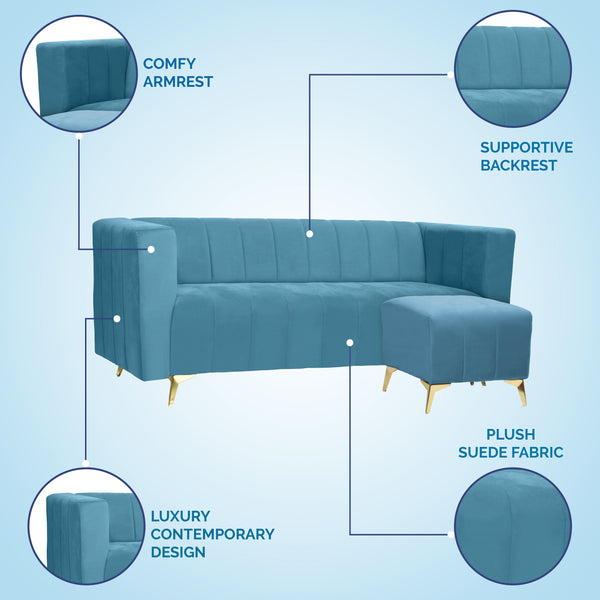 Tokyo Icon Ottoman 4 Seater Sofa - ( Plush Suede Fabric - Sky Blue )