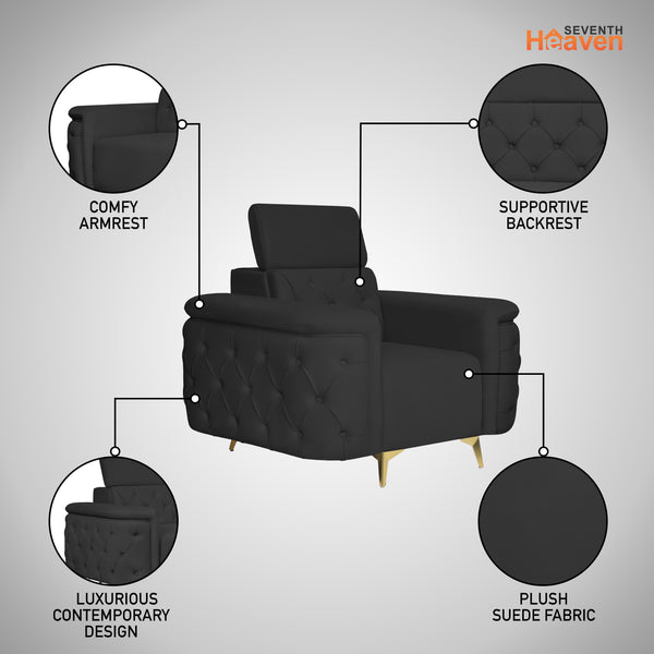 Rome 1 Seater Sofa- ( Plush Suede Fabric- Black )