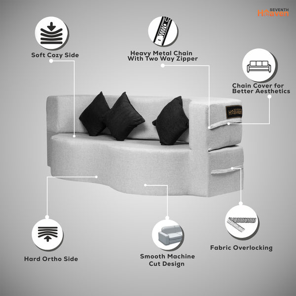 Curved Flipper X Sofa Cum Bed - 3 Seater, Printed Cushion ( Jute Fabric,Light Grey )