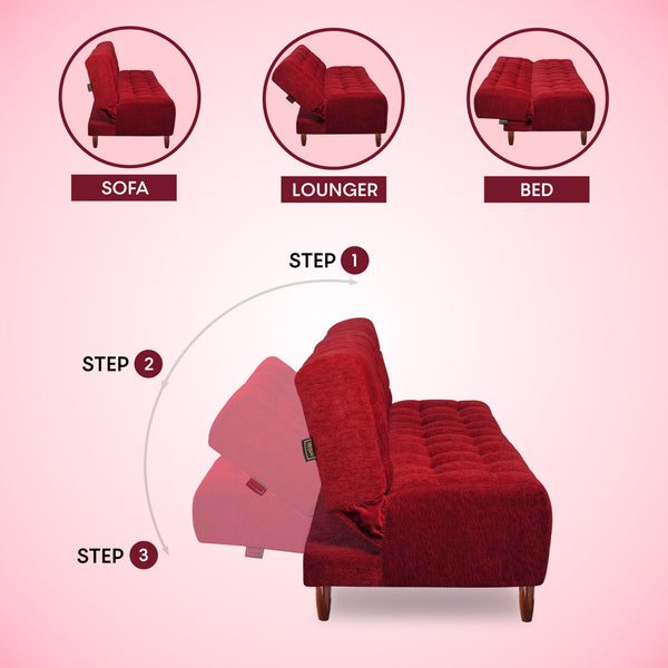 Florida 3 Seater Wooden Sofa Cum Bed - ( Premium Molfino Fabric- maroon )