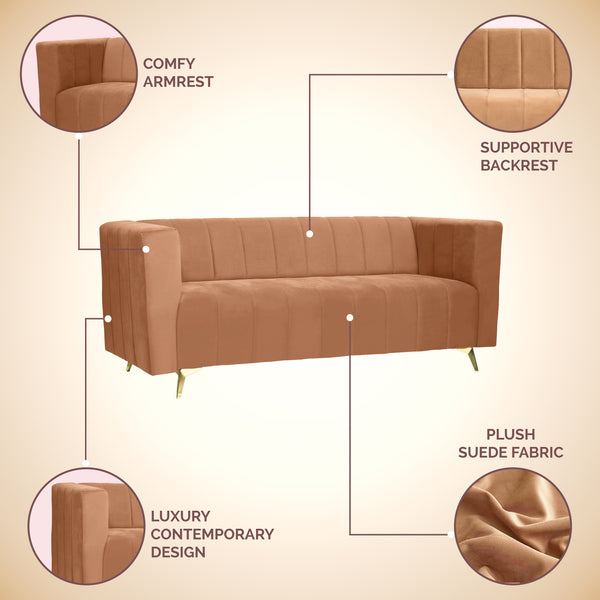 Tokyo Icon 3 Seater Sofa- ( Plush Suede Fabric- Beige )
