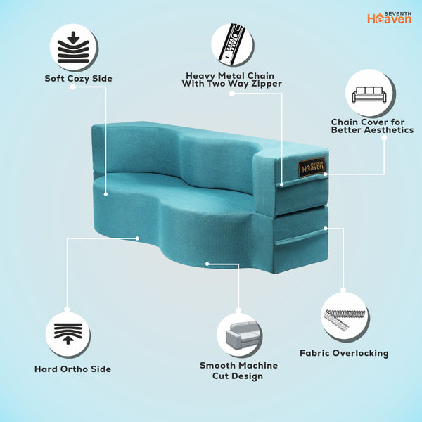 Curved Flipper X Sofa Cum Bed - 3 Seater, ( Jute Fabric,Sky Blue )