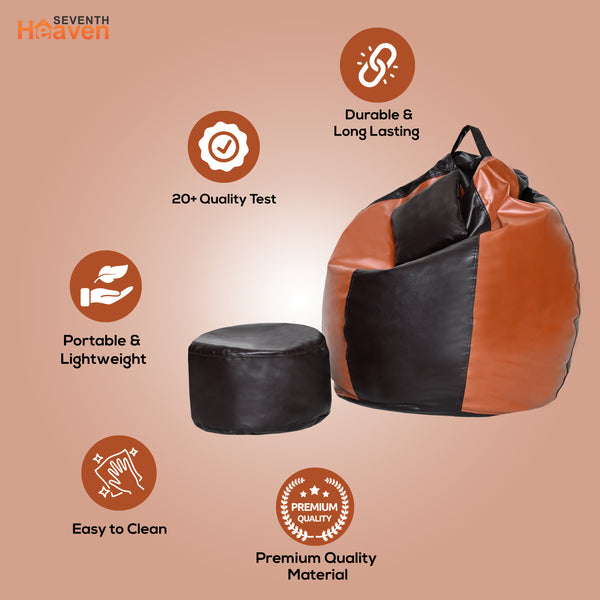Seventh Heaven 4XL Bean Bag Cover with Footrest & Cushion ( Premium Leatherite - Brown & Tan )