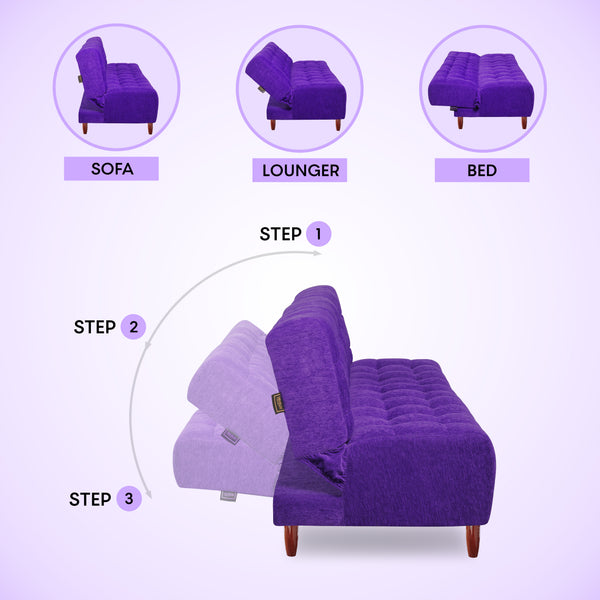 Florida 3 Seater Wooden Sofa Cum Bed - ( Premium Molfino Fabric- Purple )