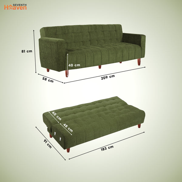 Lisbon Neo 3 Seater Wooden Sofa Cum Bed - ( Premium Molfino Fabric- Green )